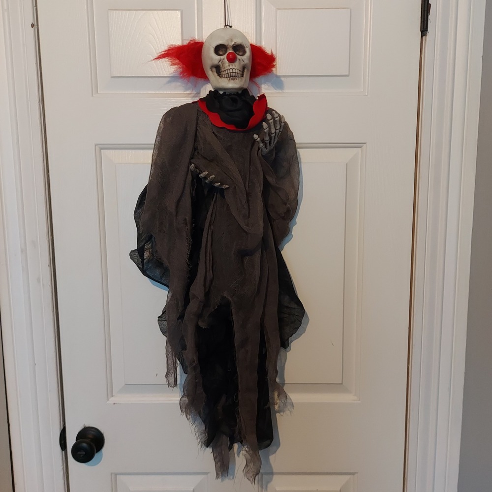 VTG Hanging Skeleton Clown Halloween Prop 37 Inch Tattered Gauze Red Hair Decor